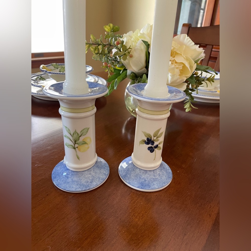 Royal Doulton Carmina Candlesticks Pair - Lemons & Olives Mediterranean Pattern - Picture 3 of 7